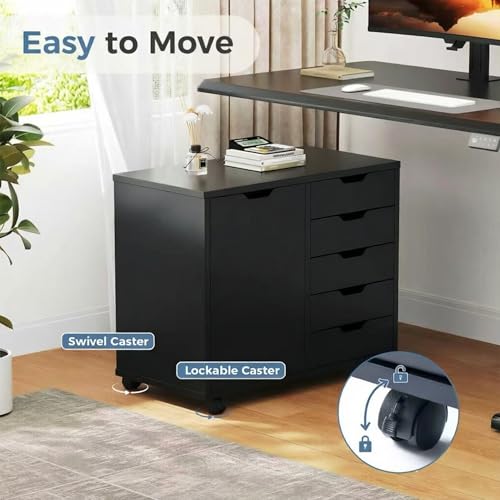 DUMOS 5 Drawer File Cabinet Office Drawers Organizer with Wheels Rolling, Under Desk Cabinets with Shelves and Door Printer Stand with Wood Board Metal Frame for Home Office Storage Craft Room, Black