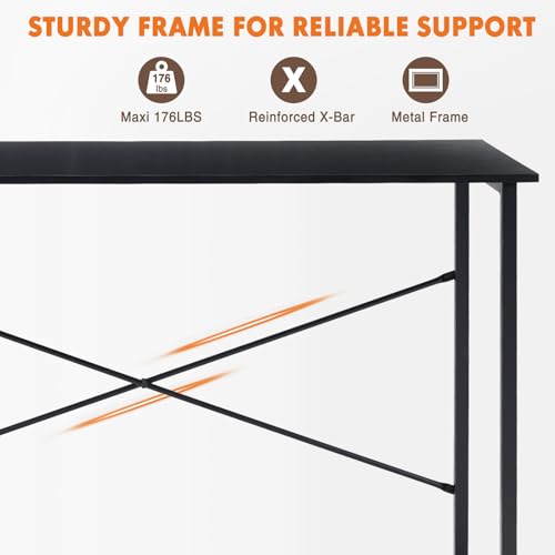 Sweetcrispy Computer Office Desk 48 Inch Student Study Writing Work with Metal Frame Wood Tabletop Modern Simple PC Home Bedroom Table - Basic Black, Compact Sturdy Desk for Laptop, Study, Gaming
