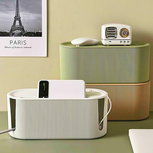 Cable Management Box,Desk Cord Organizer with Groove Cover,Plastic Cord Hider Box,Large Cable Box Organizer,Power Socket Management for TV/Computer/Router/Games Console Cable Storage (Milk Tea)