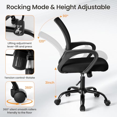 OLIXIS Office Desk Chair - Ergonomic Mid Back with Lumbar Support & Rocking Mode, Height Adjustable with Fixed Armrest, Storage Back for Computer, Gaming, Conference, Meeting, 360° Swivel, Black