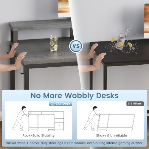 SEDETA L Shaped Desk, 66" Home Office Desk with File Drawer & Power Outlet, Gaming Desk with Led Lights, Corner Computer Desk with Monitor Shelf, Printer Storage Shelves, Two Person Desk, Grey