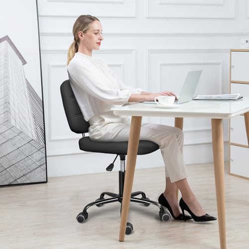 ERGOSEAT Armless Office Chair with Wheels, Small Desk Drafting Chair for Small Space, PU Leather Computer Task Chair, Height Adjustable Rolling Chair, Compact Chair for Home Office, Dorm, Vanity,Black