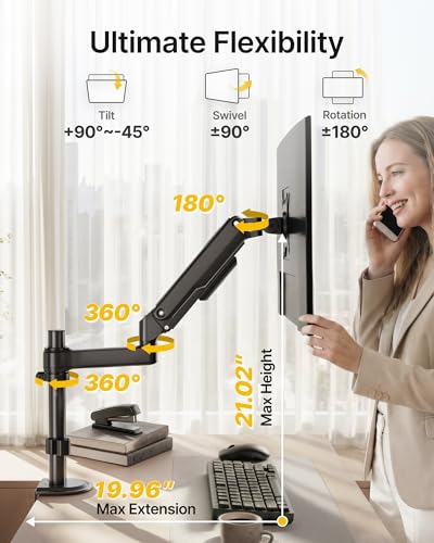 monTEK Tall Single Monitor Arm, Heavy Duty Adjustable Desk Mount for 17–32" Screens, Holds 19.8 lbs, 21 in Max Height, Full Motion Swivel & Tilt, VESA 75/100mm