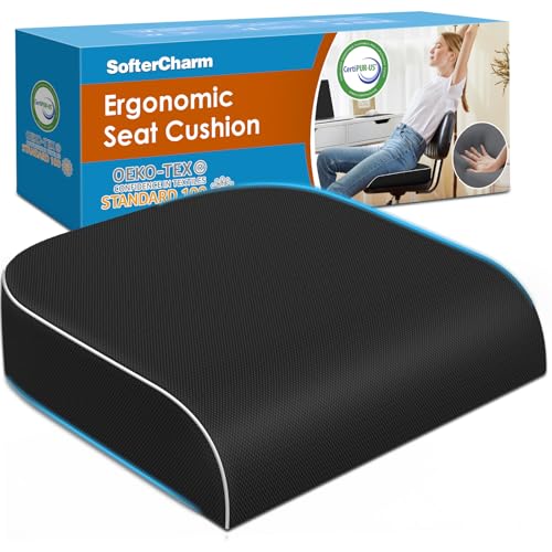 SofterCharm Seat Cushion, Memory Foam Office Chair Cushions for Long Sitting Hours, Chair Pad for Sciatica, Coccyx, Tailbone, Hip Pain & Pressure Relief, Office, Home, Car Seats, Airplane, Black/Large