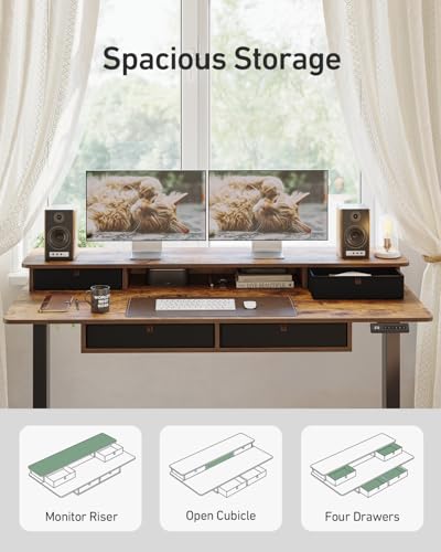 CubiCubi 55" x 30" Standing Desk with Drawers, Height Adjustable Electric Workstation, Computer Sit Stand Up Table with Large Storage Shelf 4 Drawers and 2 Hooks, Rustic Brown