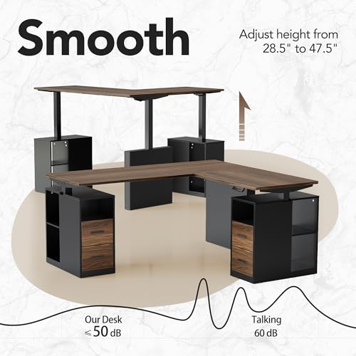 HUANUO 63 Inch L Shaped Standing Desk, Electric Executive Height Adjustable Desk with Storage Drawers, Reversible Design Computer Workstation for Home Office, Black Walnut