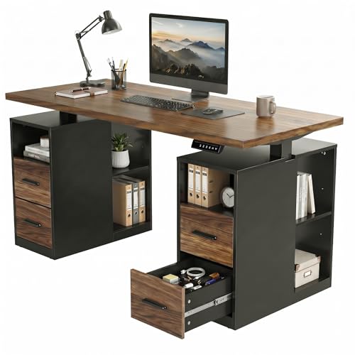 HUANUO 55" Standing Desk with Drawers, Executive Electric Height Adjustable Stand Up Desk with Storage, Computer Workstation for Home Office, Black Walnut
