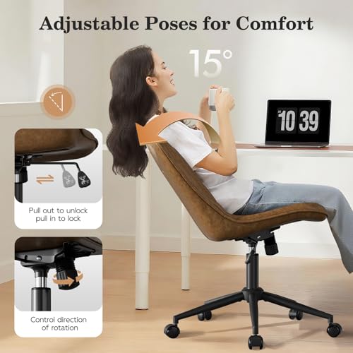 Bananister Armless Office Chair, Swivel Rolling Leather Desk Chair, Brown