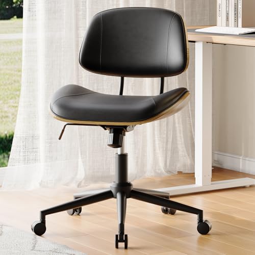 BERYTH Armless Office Chair with Wheels, PU Leather Adjustable Height Desk Chair - 360° Swivel Ergonomic Computer Chair for Small Space, Modern Walnut Style, Home & Meeting Room, Black