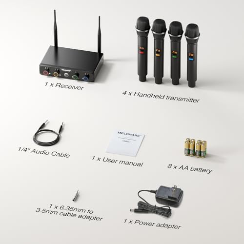 MELONARE 4-Channel Wireless Microphone System, UHF Compact Cordless Mic Set w/ 4x10 Frequencies, 200ft Range, Dynamic Handheld Microphone for Singing, Karaoke, Church, DJ, Wedding (MWM-41-4H)