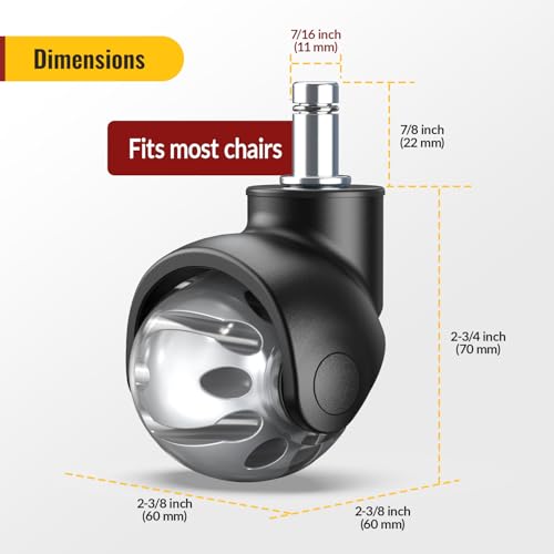 HOLKIE Office Chair Wheels Replacement 11x22mm Universal Fit 2 Inch Rubber Heavy Duty Casters for Carpet Hardwood Floors Gaming Desk Chair Roller Wheels Set of 5 Grey Smooth & Silent