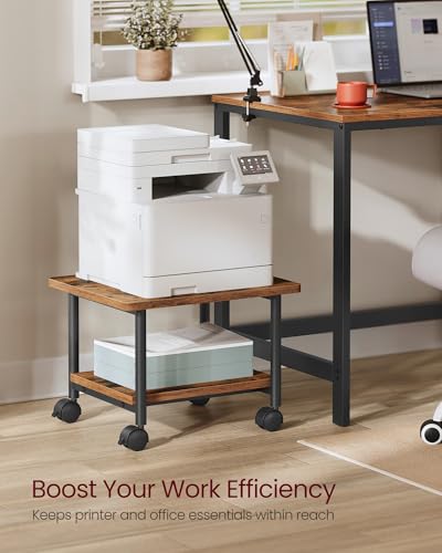 VASAGLE Printer Stand with Locking Wheels, Industrial Mobile Cart, Under Desk Printer Table for Home Office, 18.9 x 15.7 x 13.4 Inches, Storage Shelf, 2-Tier, Rustic Brown and Ink Black
