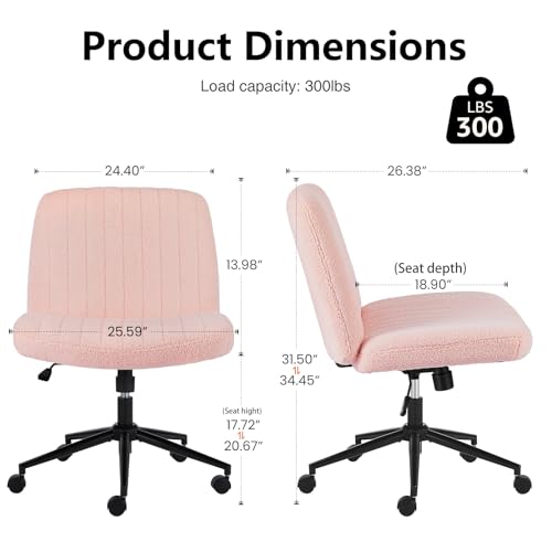 OLIXIS Criss Cross Chair with Wheels Wide Cross Legged Office Desk Vanity Chair Comfy Fabric Armless Adjustable Swivel for Home Computer Task Teddy Pink