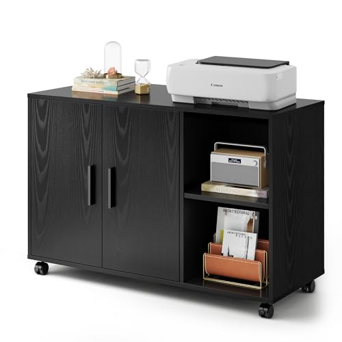 DEVAISE Office Storage Cabinet with Doors and Shelves, Lateral Printer Stand for Office Supplies and File Storage, Filing Cabinet for Home Office, Black