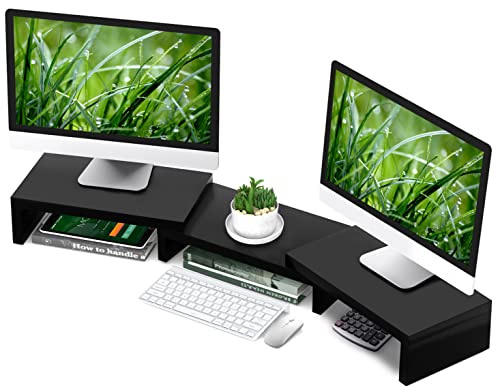 TAVR Dual Monitor Stand Riser Office Desktop Organizer Stand for 2 Monitors, Adjustable Length and Angle 3 Shelf, Extra Long Multifunctional Wooden Stand up to 43.3" fit Computer, Laptop, TV, Black
