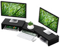 TAVR Dual Monitor Stand Riser Office Desktop Organizer Stand for 2 Monitors, Adjustable Length and Angle 3 Shelf, Extra Long Multifunctional Wooden Stand up to 43.3" fit Computer, Laptop, TV, Black