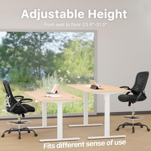 HYLONE Drafting Chair Tall Office Chair High-Back Mesh Standing Desk Stool with Adjustable Footrest Ring and Flip-Up Arms Black