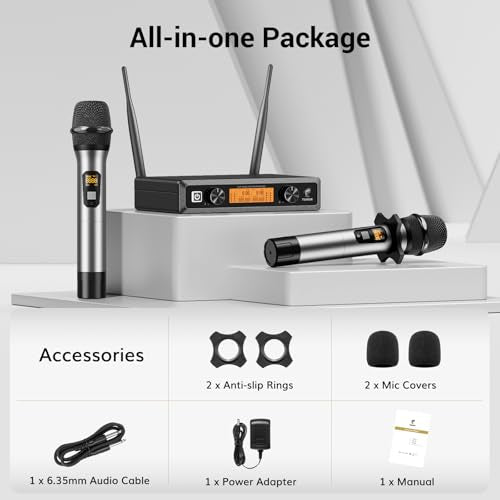 TONOR Wireless Microphones System, 2 * 15 Channel Metal Professional UHF Cordless Dynamic Handheld Mics with Receiver for Home Karaoke, Meeting, Party, Church, Wedding, KTV, 60 m/200ft, TW-820 Silver