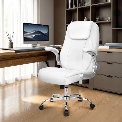 NEO CHAIR Office Desk Gaming Computer Home Chair Ergonomic Executive High Back Support Flip-up Arms Adjustable Height Swivel Rolling Wheels Comfy PU Leather (White)