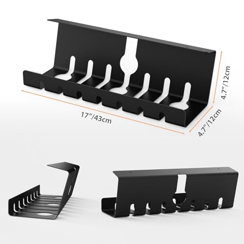 Syeeiex 17" Under Desk Cable Management Tray, No-Drill C-Clamp & Screw Mount, Heavy Duty Metal Cord Organizer with Cable Ties, for Office Home Workspace, Black