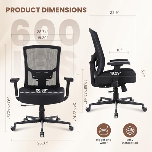 600lbs Big and Tall Office Chair with Adjustable Lumbar Support,Ergonomic Heavy Duty Office Chair for Heavy People,Mesh Desk Chair with Wide Seat for Home