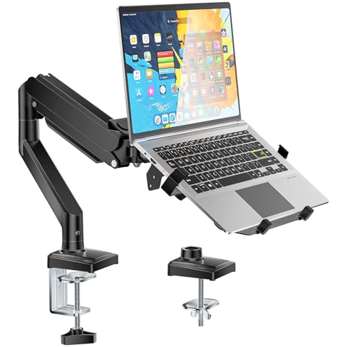 WALI Single Arm Laptop and Monitor Desk Mount for 17" Notebook and Up to 32" Screen, 2-in-1 Adjustable Monitor Arm with Laptop Tray, VESA 75x75 100x100,Holds 22-26.4 lbs, Black (GSMP001NLP)