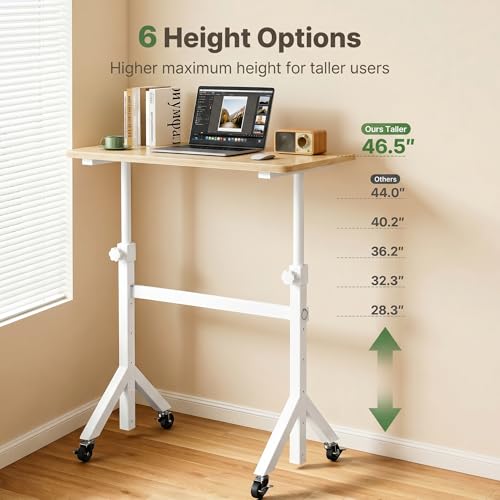 Marsail Mobile Stand Up Desk with Wheels, Adjustable Height Desk from 28.3″ to 46.5″, Rolling Standing Desk with Lockable Wheels, Portable Small Desk for Walking Pad and Treadmill, Nature