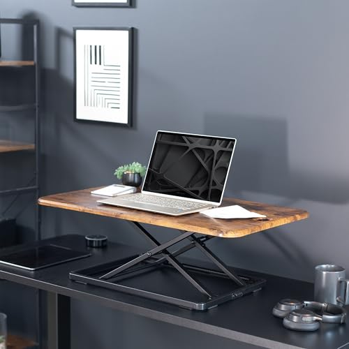 VIVO Ultra-Slim 32 Inch Single Top Height Adjustable Standing Desk Riser, Compact Sit Stand Desktop Converter for Monitor or Laptop, Vintage Brown, DESK-V032JN