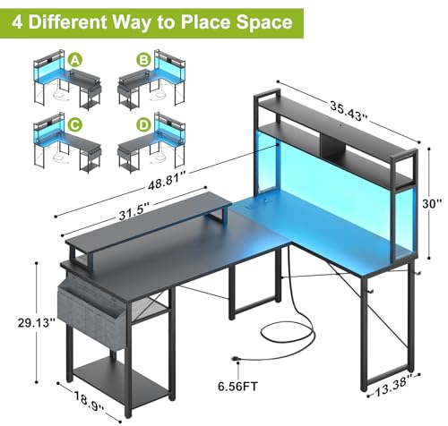 Besiost Small L Shaped Desk Gaming Desk with Power Outlets, 48" Reversible L Shaped Computer Desk with Monitor Stand & Storage Shelf, Corner Gamer Desk Home Office Desk with Storage Bag, Black