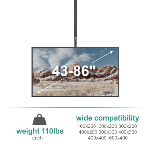 WALI Ceiling TV Mount Dual Screen Back to Back Fits Most Display 43 to 86 Inch TV, Up to 176lbs, 88 lbs for Each Screen, Height Extension up to 66.5 Inch, Mounting Holes 600x400mm (CM4386-2S), Black