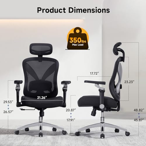 amseatec Ergonomic Mesh Office Chair with 5D Flip-Up Arms & 3D Lumbar Support, 2D Headrest, 4-Position Recline Lock, High Back Desk Chair 350lbs, Breathable Computer Chair for Home Office-Black