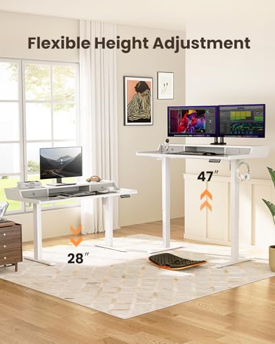 ErGear Electric Standing Desk with Drawers, 55″ x 28″ Gaming Table Compatible Monitor Stand, Stand up Desks, Home Office Height-Adjustable Desk with Storage Shelf, 4 Preset Heights, White