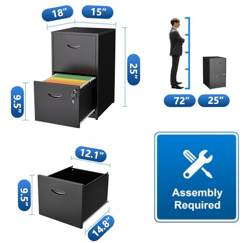 Polup 2 Drawer File Cabinet with Lock, Metal File Cabinets for Home Office, Two Drawer Locking Filing Cabinet, Small File Cabinet for Under Desk for Hanging Letter Size, Black, Assembly Required