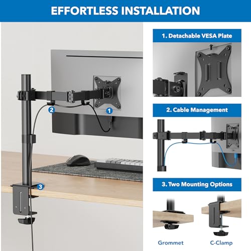 Mount-It! Single Monitor Arm Desk Mount for 17-32 Inch Screens, Holds up to 19.8 lbs, Full Motion Computer Monitor Stand, Steel, Clamp and Grommet Base, VESA 75x75 100x100, Cable Management, Black