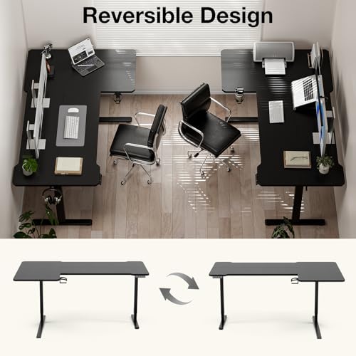Acrolix L Shaped Electric Standing Desk - 71x43.5 Inch Reversible Corner Sit Stand Desk with Hook&Cup Holder,Electric Height Adjustable Table,for Home Office Gaming&Trading Computer Desk, Black