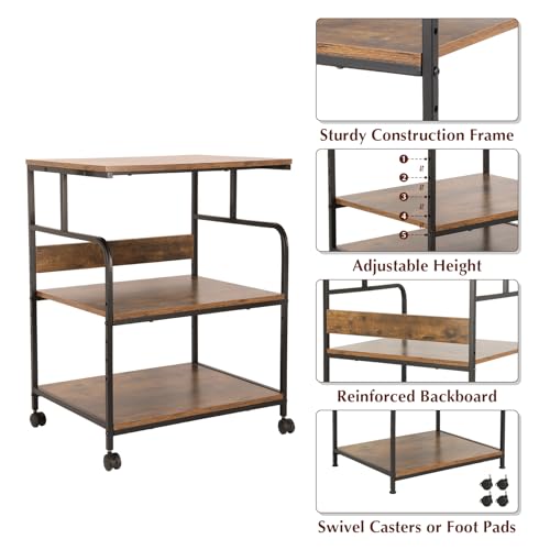 GCCSJ Large Printer Stand，3 Tier Printer Cart with Adjustable Storage Shelf，23.6 x18.9 x 29.5 inches Printer Stand for Home Office, Stands for Heat Press Scanner Fax, Industrial Style, Brown