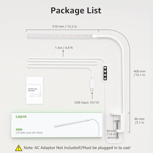 Lepro Small Desk Lamp with Clamp, LED Reading Lamps with 450LM, 3 Color Modes 10 Brightness, Dimmable USB Clip on Desk Light with Gooseneck Swing Arm for Nail, Home Office and Dorm (White)