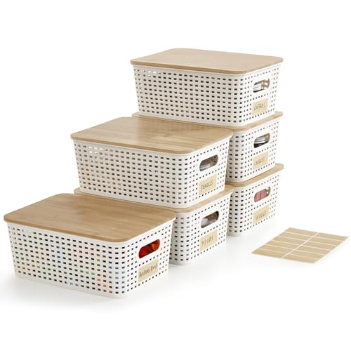 Bagnizer Small Plastic Storage Bins with Bamboo Lids 5.2qt Stackable Box Basket Pantry Decorative Containers Cute with Labels for Organizing Desktop Closet Office Cream White of 6 packs 10*7.2*4.1"