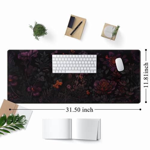 Dark Cottagecore Desk Mat Black Purple Flower XL Mouse Pad Large Gaming Mousepad Extended Vintage Aesthetic Desk Pad Keyboard Mouse Mat 31.5 x 11.8 in for Work Game Office Decor