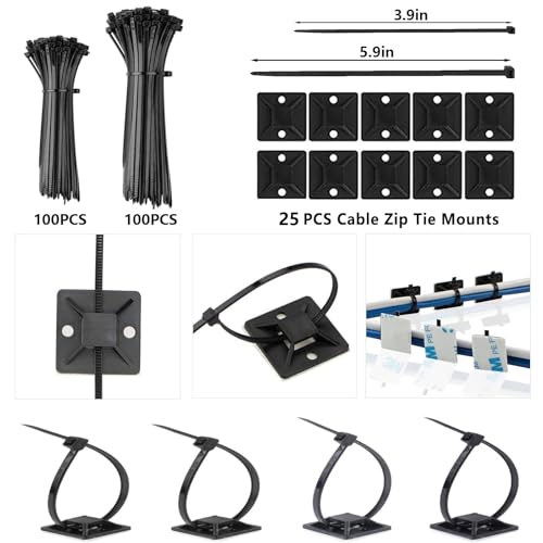 ELII 328Pcs Cable Management Kit, 8 Magnetic Cable Holder,69Adhesive Cable Clips,4 Cable Sleeve Split,22Reusable Cable Strap,200 Nylon Cable Zip Ties with 25 Mounts TV Office (Black)