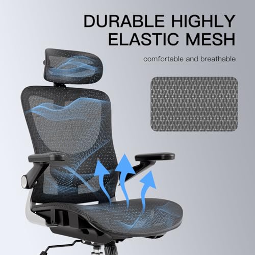 marrap Ergonomic Office Chair, Mesh Desk Chair with 3D Armrests, Adjustable Lumbar Support and Headrest, 90-120° Rocking Function, Black