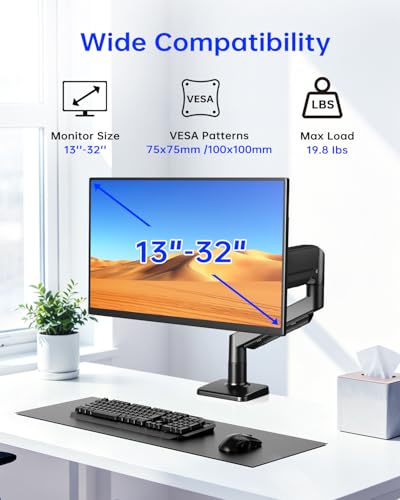 Single Monitor Stand for 13 to 32 inch Screens, Gas Spring Monitor Arm with Swivel, Tilt, Rotation, Height Adjustable, Desk Mount with C-Clamp and Grommet Base, Holds 4.4 to 19.8lbs Screen, Black