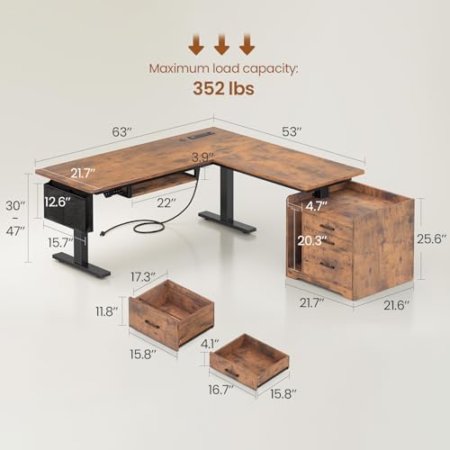 SEDETA L Shaped Electric Standing Desk with File Cabinet, 63 x 53'' Height Adjustable Home Office Computer Desk with 3 Drawers, Power Outlet, Stand up Gaming Table with Led Lights, Rustic Brown