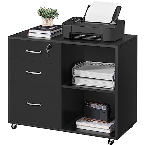 Yaheetech Black File Cabinet with Lock for Letter, A4 Size,3 Drawer Lateral Cabinet Printer Stand with Open Storage Compartments for Home Office, Black