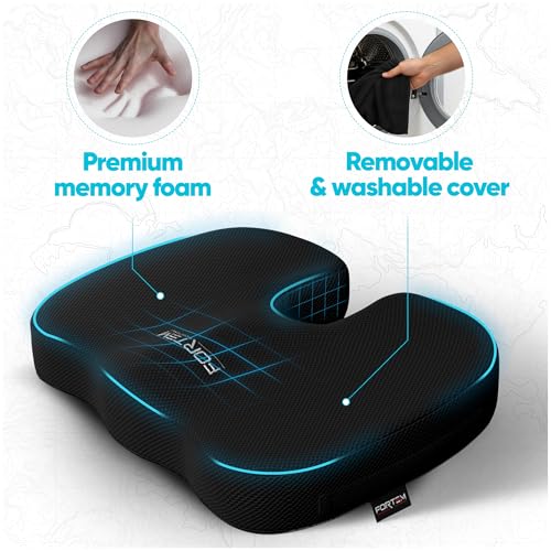 FORTEM Seat Cushion, Office Chair Cushion, Memory Foam Car Seat Cushions, Sciatica Coccyx Tailbone Pain Relief, Chair Cushions for Back Support, Sitting Pad for Gaming, Washable Cover, Non Slip