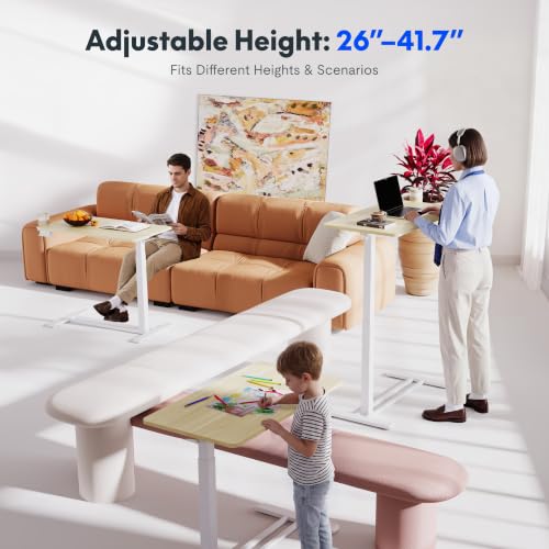 FLEXISPOT H7 Adjustable Overbed Bedside Table with Wheels Pneumatic Mobile Standing Desk Laptop Desk Rolling Computer Cart Movable Overbed Table Hospital Home Use(31.5" W x 17.7" D, White Wood Grain)