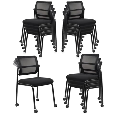 CLATINA 12PK Mesh Stacking Office Desk Chairs with Wheels, Portable Stackable Bulk Waiting Room Armless Chair with Adjustable Back & Fabric Seat for Guest Lobby Side School Church Conference Break