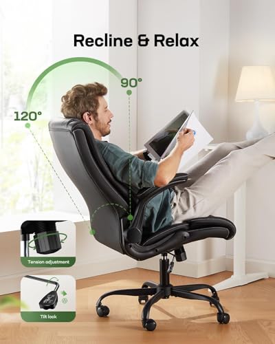 Marsail Executive Office Chair with Flip-up Armrests,PU Leather Ergonomic Desk Chair Height-Adjustable Swivel Rolling Desk Chair (Dark)