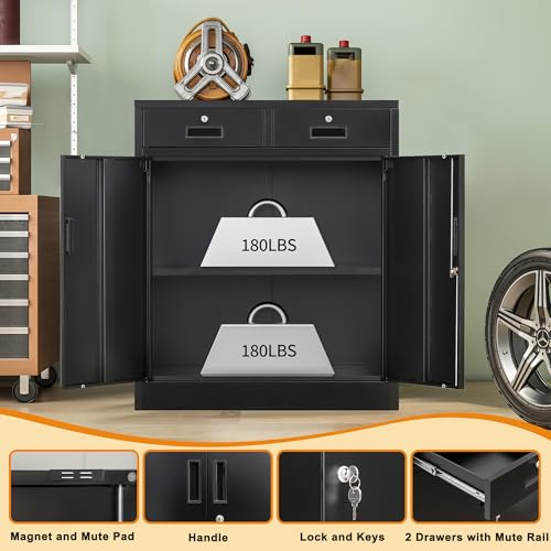 Wanfu Metal Storage Cabinet, 36" H Locking Storage Cabinet with 2 Drawers and Adjustable Shelf, Metal Cabinets for Office, Garage, Home-Black