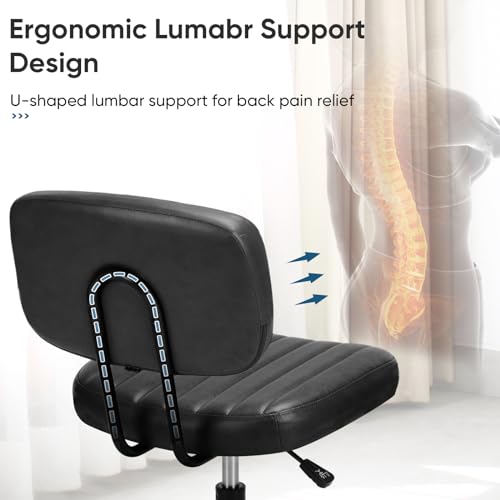 DUMOS Small Armless Home Desk Chair with Low Back Lumbar Support, Height Adjustable PU Leather Computer Task Chair with 360° Swivel Wheels, for Small Space, Adults, New Black